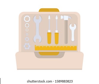 Vector illustration of a tools box for repair. Hand tools. Collection of equipment for repair. Hummer and screwdriver, wrench and level. Handyman tools. Isolated illustration