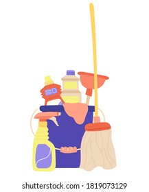 Vector Illustration of Tools for Cleaning and Hygiene in the House.Detergents,a Plunger,a Rag in a Bucket, a Mop.Isolated on  white background.Household Chemicals in Flat style.Equipment for Sanitary.