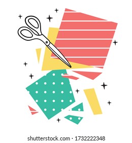 vector illustration of tools for creativity, scissors, paper. colored paper. collage tools