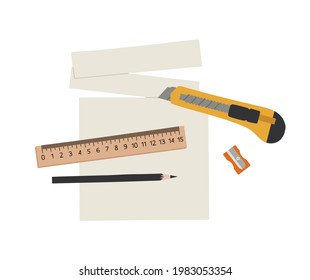 Vector illustration of tools for cutting paper. Paper, ruler, pencil, stationery knife, and sharpener. Hand-drawn set in flat style. The concept of objects for learning, office supplies, drawing. 