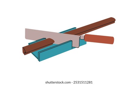 Ilustración vectorial de herramientas para enmarcar cuadros. Dispositivo de trabajo para el corte preciso de lamas en el ángulo deseado, montaje del marco. Baguette de madera. Ilustración vectorial en estilo plano