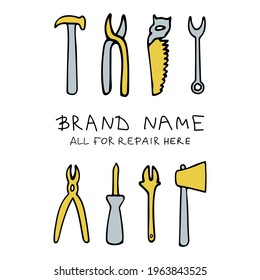 Vector illustration of tools for repairing in doodle style. The illustration can be used to advertise a store of tools for repair, construction. Lettering Everything for renovation is here.