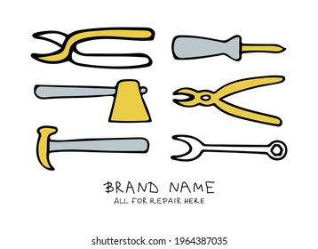 Vector illustration of tools for repairing in doodle style. The illustration can be used to advertise a store of tools for repair, construction. Lettering Everything for renovation is here.