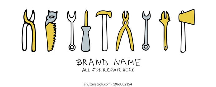 Vector illustration of tools for repairing in doodle style. The illustration can be used to advertise a store of tools for repair, construction. Lettering Everything for renovation is here.