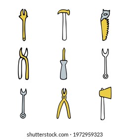 Vector illustration of tools for repairing in doodle style. The illustration can be used to advertise a store of tools for repair, construction. 