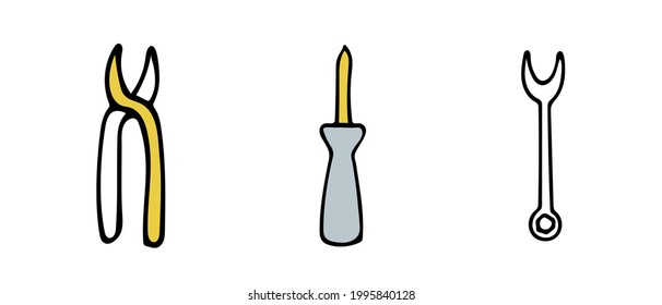 Vector illustration of tools for repairing in doodle style. The illustration can be used to advertise a store of tools for repair, construction. 