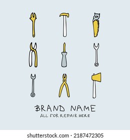 Vector illustration of tools for repairing in doodle style. The illustration can be used to advertise a store of tools for repair, construction. Lettering All for repair here.