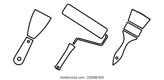 Ilustración vectorial de las herramientas para la renovación y construcción del hogar. Espátula, rodillo de pintura y pincel.