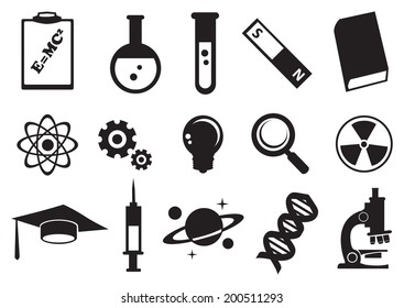 Vector illustration of tools and symbols for science education. Black and white icon set.