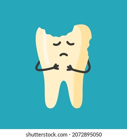 Vector illustration of tooth caries character. Broken tooth isolated on blue background.