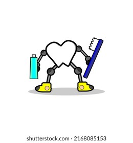 vector illustration of a tooth character mascot carrying a toothbrush and toothpaste, suitable for advertisements, posters, banners, icons, mascots, logos, etc.