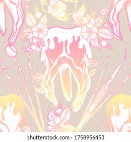 Vector illustration. Tooth, dental instruments, rose hips, print, line art style, Handmade, grey background, seamless pattern