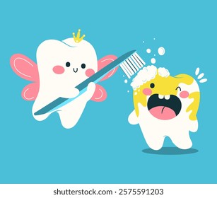 Vector illustration of a tooth the tooth fairy cleans a dirty tooth. Teeth with a toothbrush for illustration of dentistry or for education or flyer.