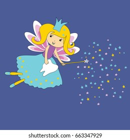 Vector illustration of Tooth fairy with magic wand and stars on blue background. First tooth certificate.