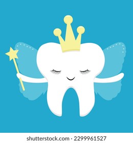 Vector illustration of a tooth fairy on a blue background.