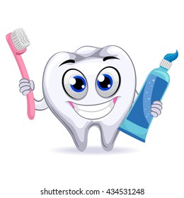 Vector Illustration of Tooth Holding Toothbrush and Toot paste