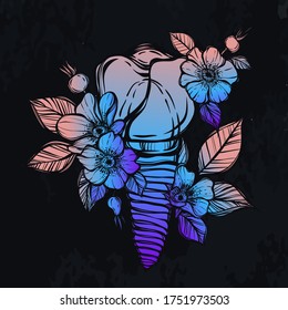 Vector illustration. Tooth implant on a metal pin, prosthetics, dentistry, rose hips, print on t-shirt, line art style, Handmade, background chalkboard