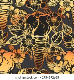 Vector illustration. Tooth implant on a metal pin, prosthetics, dentistry, rose hips, print on t-shirt, line art style, Handmade, dark background, seamless pattern