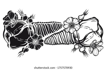 Vector illustration. Tooth implant on a metal pin, prosthetics, dentistry, rose hips, print on t-shirt, line art style, tattoo, Handmade