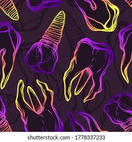 Vector illustration. Tooth and tooth implant on a metal pin, prosthetics, dentistry, print on t-shirt, line art style, dark  background, seamless pattern, Handmade
