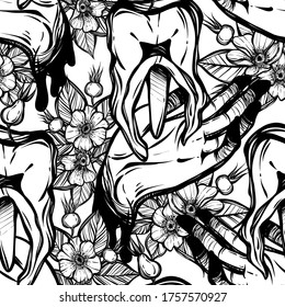 Vector illustration. Tooth lies on the hand, rose hips, line art style, Handmade, light  background, seamless pattern