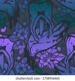Vector illustration. Tooth lies on the hand, rose hips, line art style, Handmade, dark background, seamless pattern