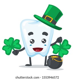 Vector illustration of a tooth mascot, funny and cute. with a shamrock hat, and a clover leaf, and gold coins in the pan