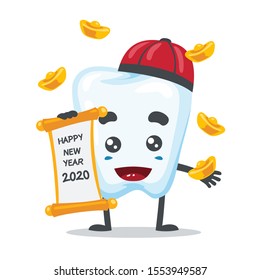 Vector illustration of a tooth mascot, funny and cute. with gold chinese caps and paper rolls and new year