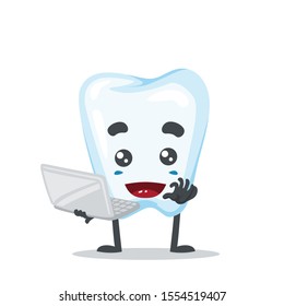 Vector illustration of a tooth mascot, funny and cute, holding laptop