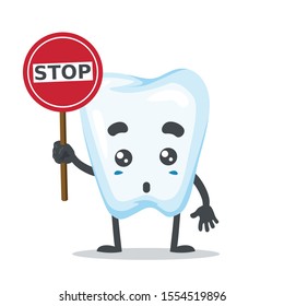 Vector illustration of a tooth mascot, funny and cute, holding stop sign