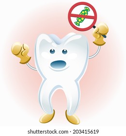 a vector illustration of tooth protesting against candies