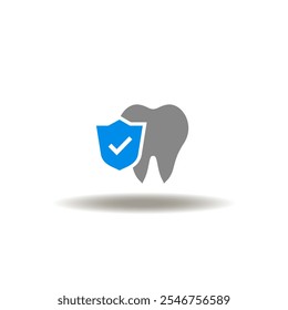 Vector illustration of tooth and shield with check mark. Symbol of dental insurance.