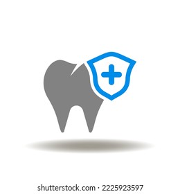 Vector illustration of tooth and shield with medical cross. Icon of dental medicine insurance teeth care. Symbol of teeth protection. Sign of stomatology.