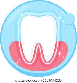 Vector illustration of a tooth with a sparkling effect, featuring clean lines and vibrant colors in a circular composition