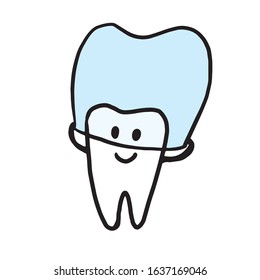 Vector illustration of a tooth that puts a braces on a silicone simulator over its head. Funny illustration for dental medicine theme. Black outline, blue kappa, white background. Element for design.