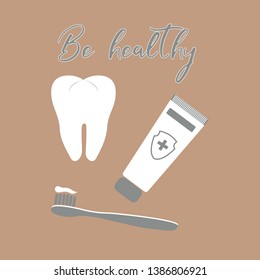 Vector illustration with tooth, toothbrush, toothpaste. Dental clinic. Oral hygiene. Medical background. Health and care. Design for banner, poster or print.