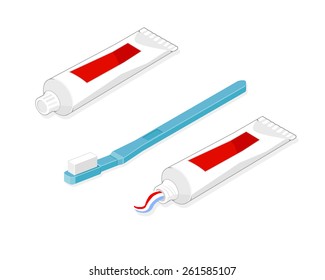 A vector illustration of a toothbrush and a tube of tooth paste.
Toothbrush and tooth paste.
Isometric toothbrush for health care and hygiene