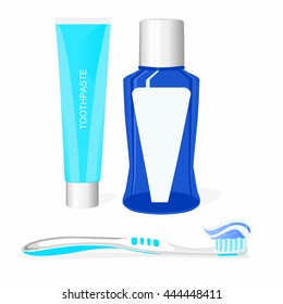 A vector illustration of a toothbrush and a tube of tooth paste. Toothbrush and tooth paste. Isometric toothbrush for health care and hygiene