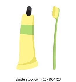 Vector illustration of toothbrush and tube toothpaste. Colored icon. Logo, design element. Great typography for poster, website headers, advertisement, print, banner or web. Hand drawn in doodle style