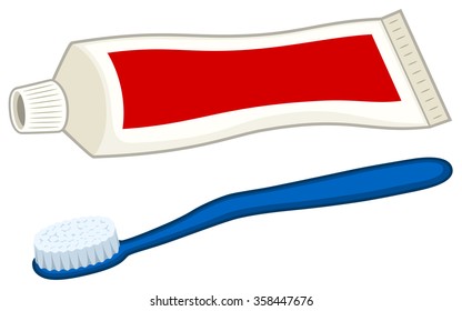 Vector illustration of a toothbrush and a tube of toothpaste.
