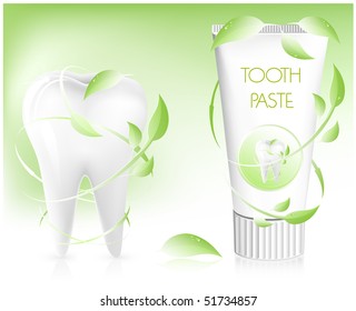 Vector illustration. Toothpaste with leaves.