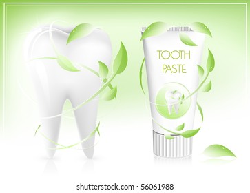Vector illustration. Toothpaste with leaves.