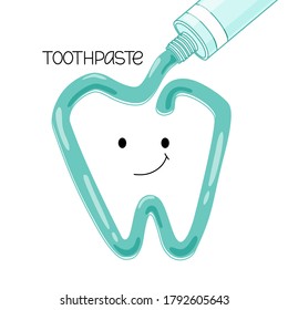 Vector illustration of toothpaste squeezed out of a tube. A smiling tooth. Isolated background.