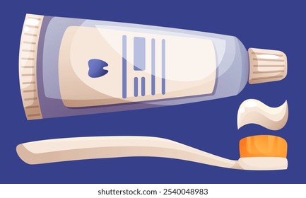 Ilustración vectorial de pasta de dientes y cepillo de dientes para limpiar los dientes sobre fondo azul oscuro. Cuidado dental, higiene bucal. Equipo de cuidado dental Clip art.