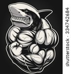 Vector illustration, toothy  shark shows big biceps