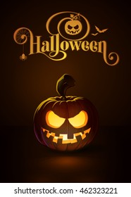 Vector illustration of a Toothy Smile jack-o-lantern glowing in the dark. Included a custom typography "Halloween". EPS10 All elements neatly on layers and groups