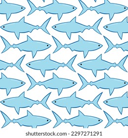 Vector illustration toothy swimming angry shark animal sea fish character underwater cute marine wildlife mascot seamless pattern background.