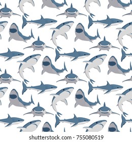 Vector illustration toothy swimming angry shark. Animal sea fish character underwater cute marine wildlife mascot seamless pattern background. Scary evil monster predator.