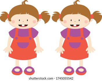 Vector Illustration of Toothy Twins, Two Happy Bucktoothed Children  