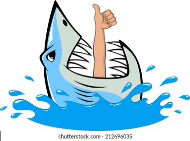 Vector illustration, toothy white shark and diver